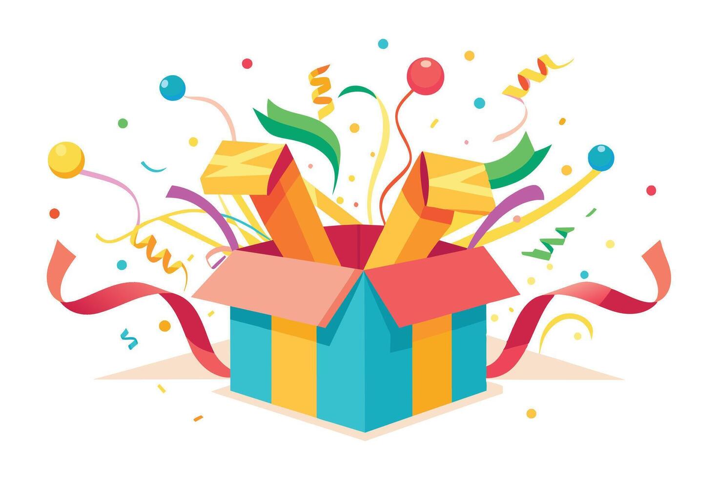 A colorful, cartoon-style illustration of a gift box exploding open with confetti and ribbons. vector