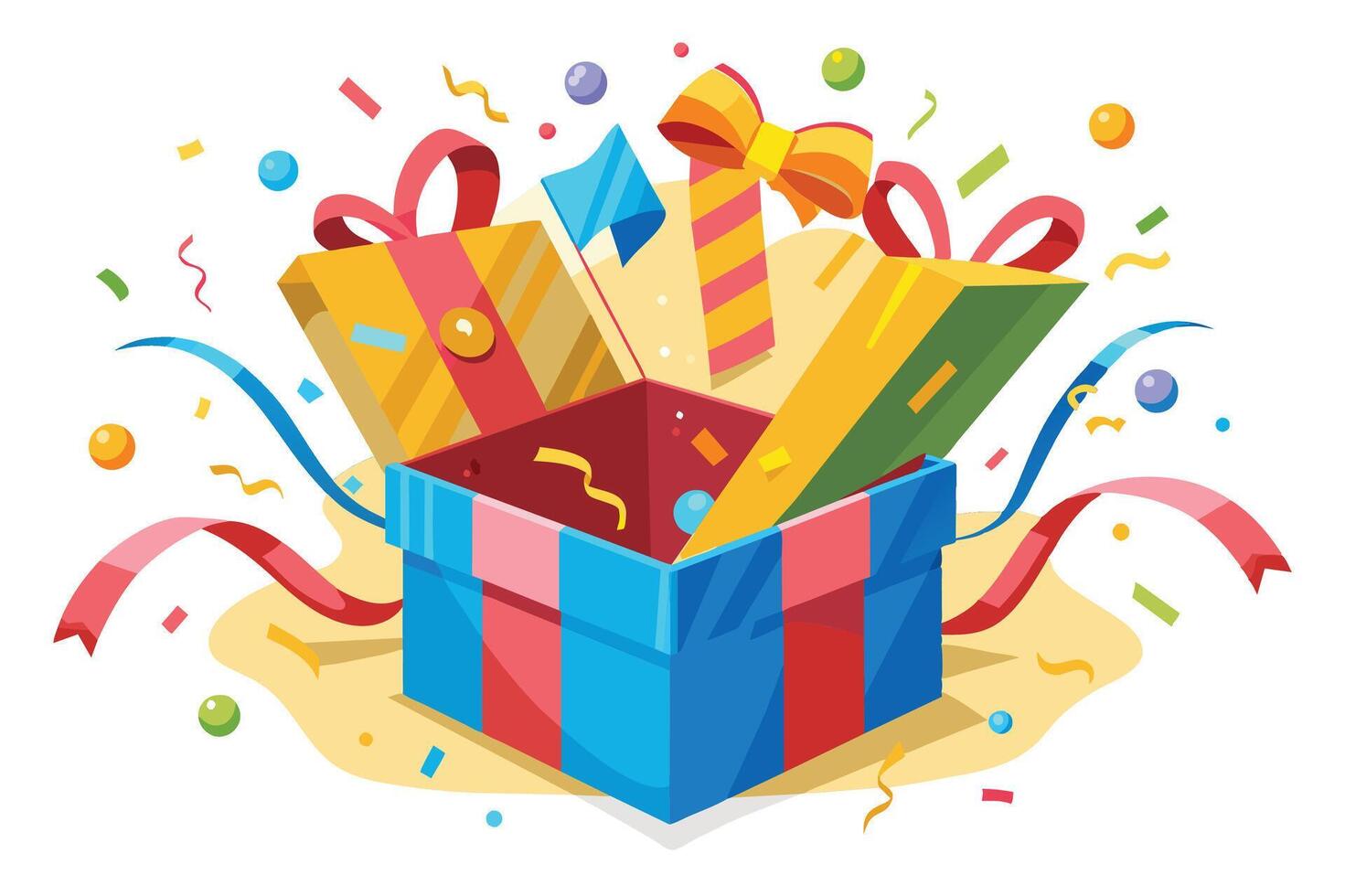 A colorful cartoon illustration of an open gift box overflowing with confetti, ribbons, and presents. vector