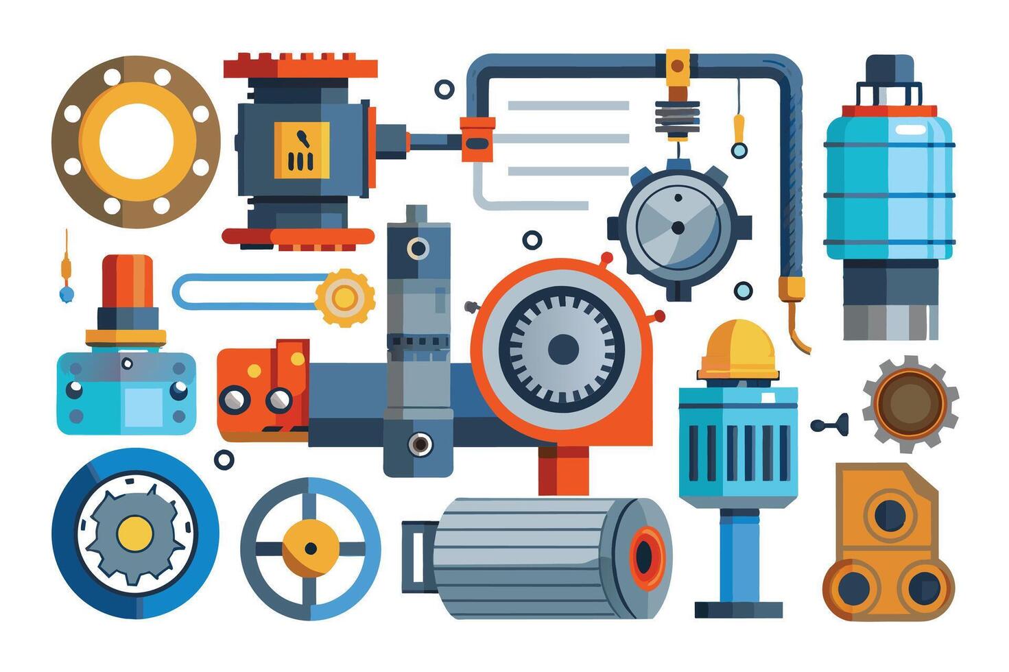 A colorful illustration of a detailed industrial machine with gears, pipes, and other components. vector