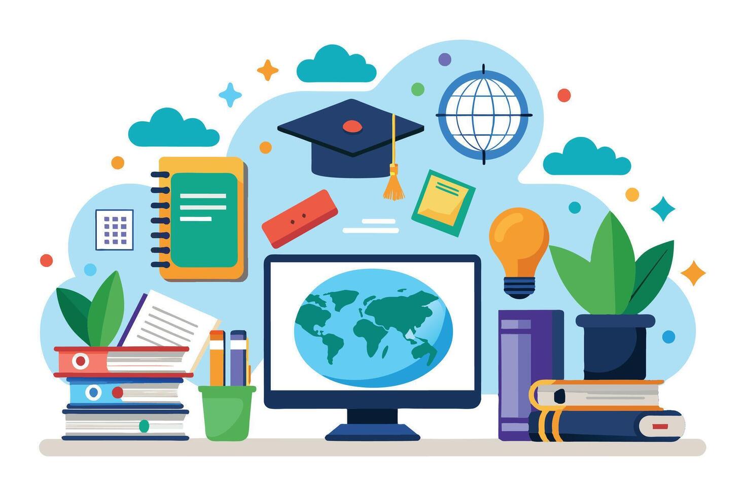 A colorful illustration depicting the concept of global education, featuring a computer screen displaying a world map, books, a graduation cap, and other educational items. vector