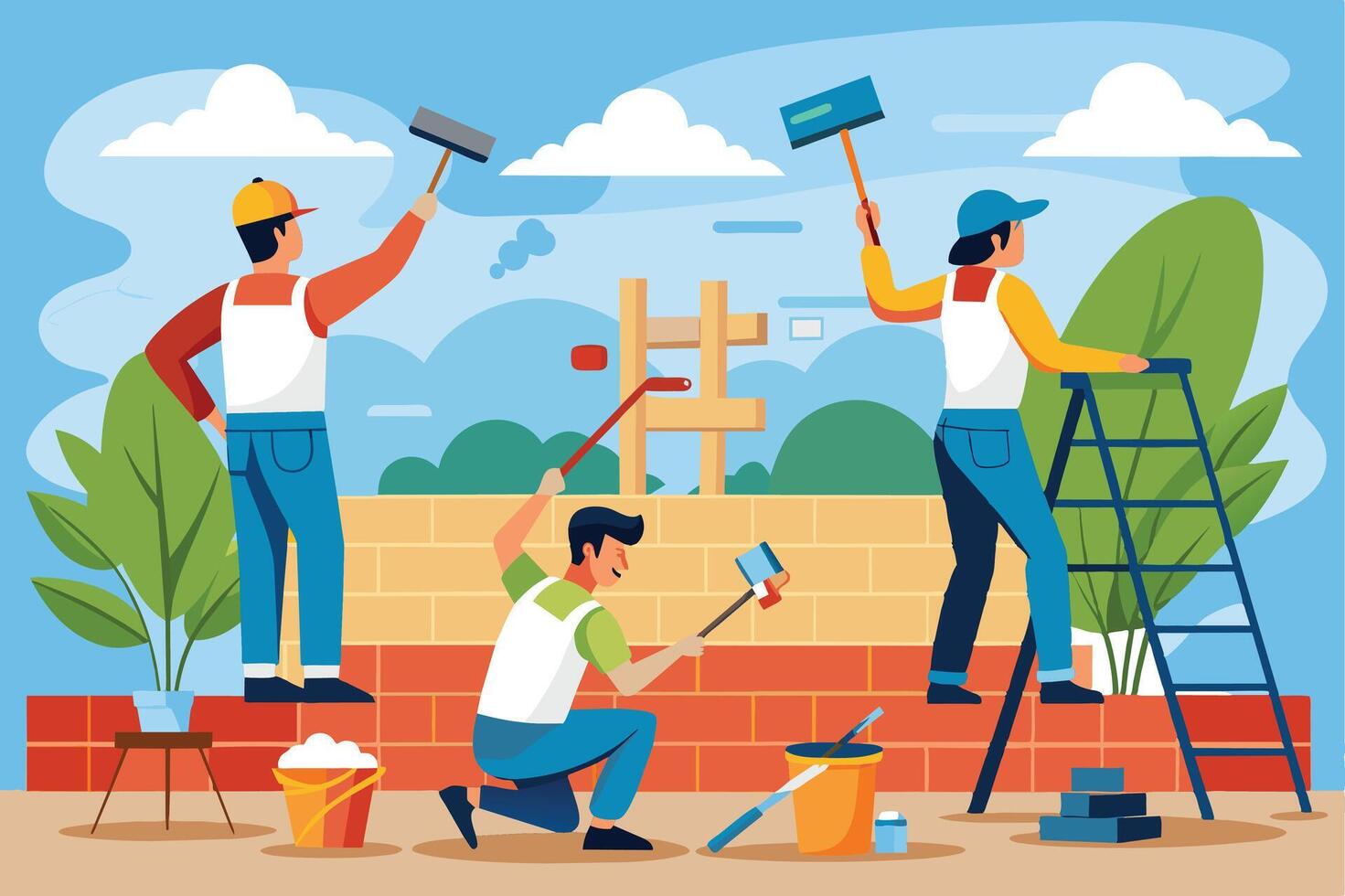 A cartoon illustration of three workers painting a brick wall outside on a sunny day. One worker is on a ladder, another is kneeling, and the third is standing. vector