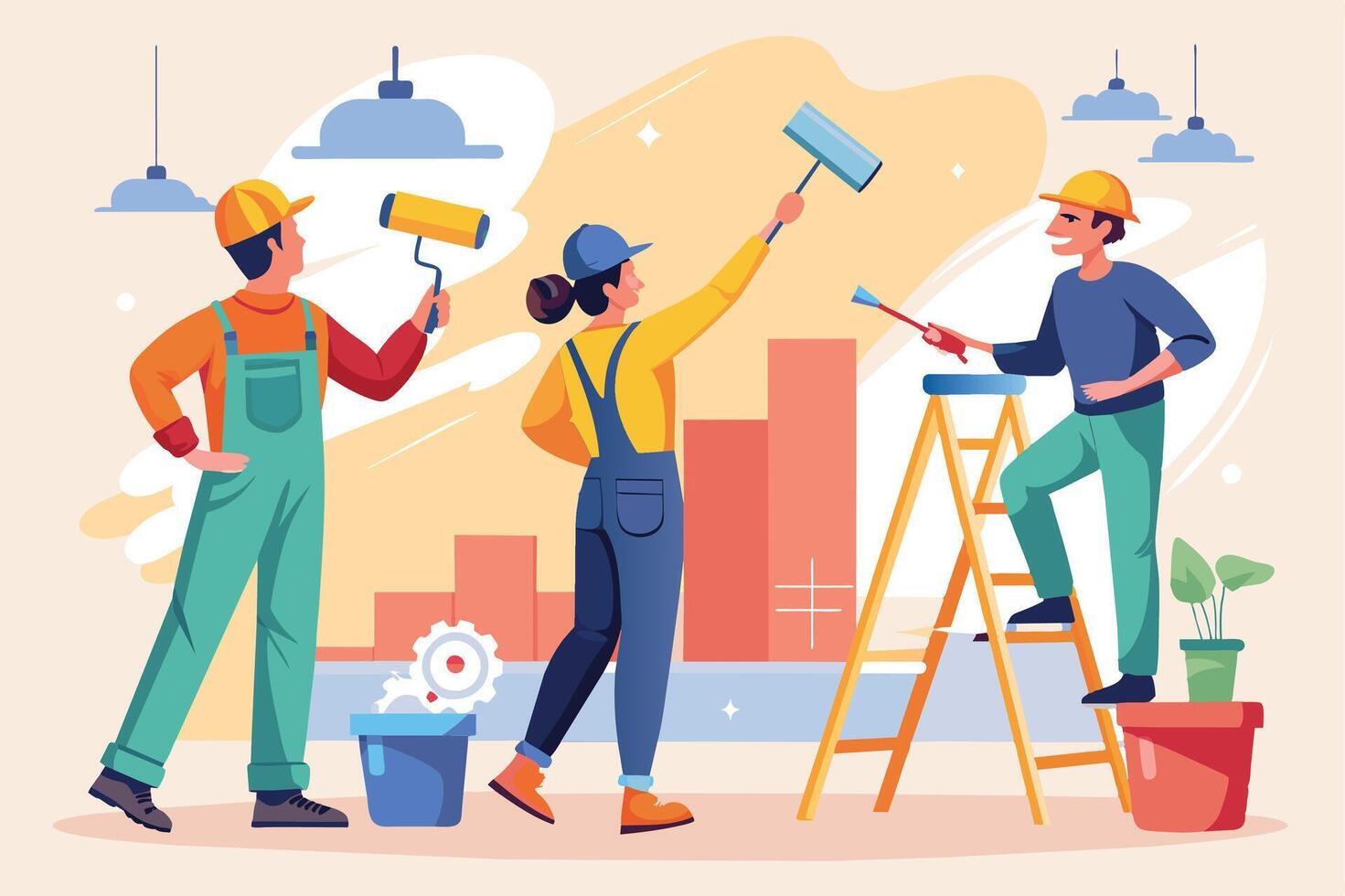 Three construction workers painting a wall inside a building, one on a ladder, one holding a paint roller, and one holding a paint brush. vector