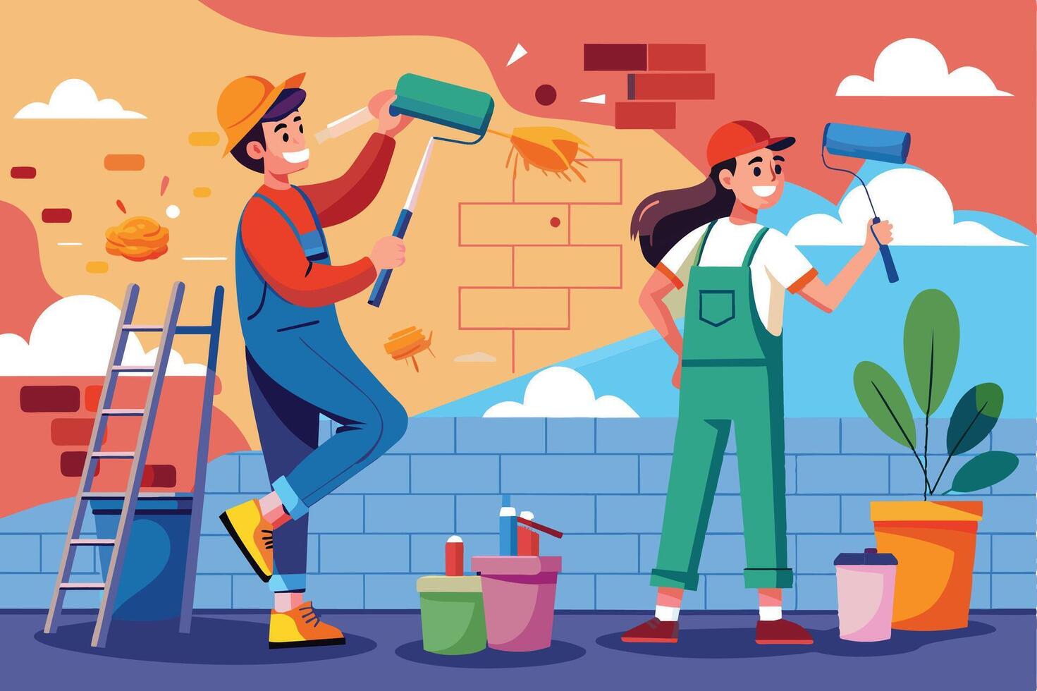 A man and woman stand smiling in front of a wall, each holding a roller brush. The man is on a ladder while the woman is standing on the ground. vector