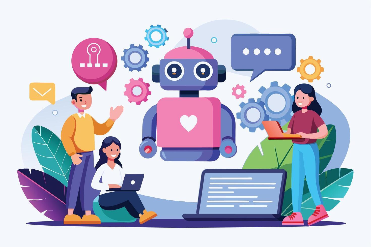 An illustration of people working with a friendly robot, who is helping them improve their business. The robot has a heart on its chest, showing that it is friendly and helpful. vector