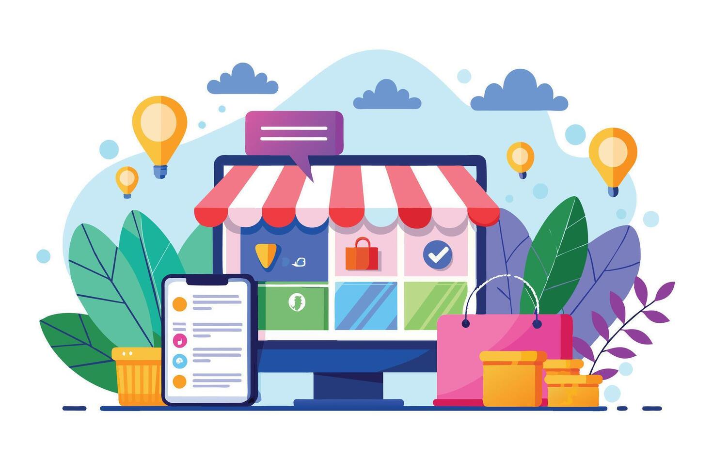 A colorful illustration of an online store, depicted with a computer monitor, smartphone, and shopping bag, representing a digital storefront and online shopping experience. vector