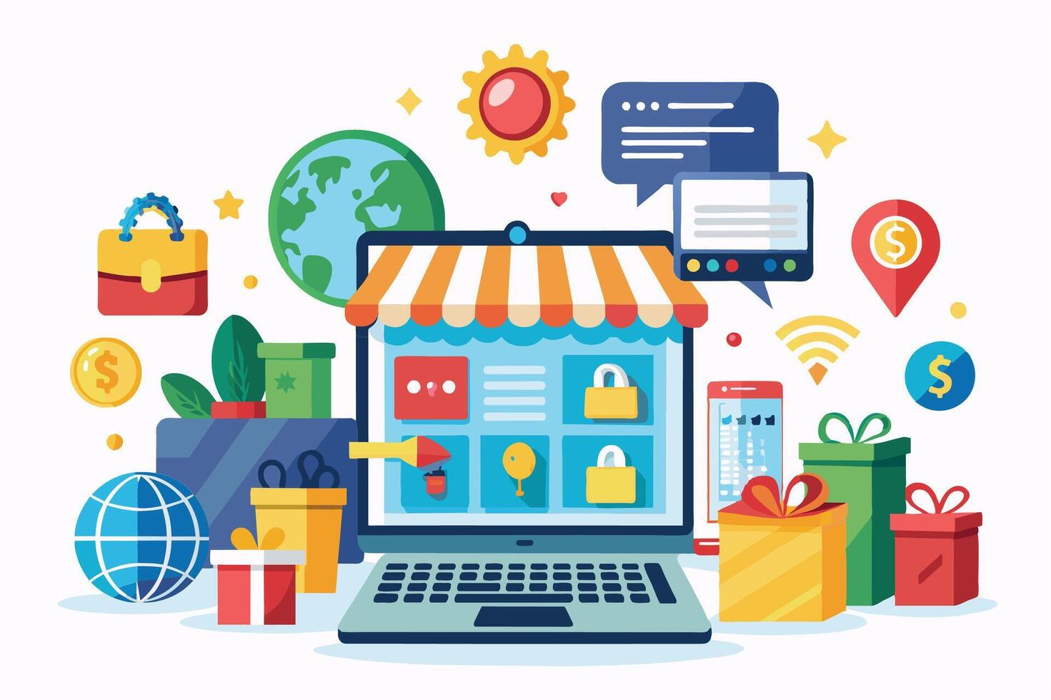 Illustration depicting an online shopping experience, featuring a laptop with a storefront, secure payment icons, global shipping symbols, and gift boxes. vector