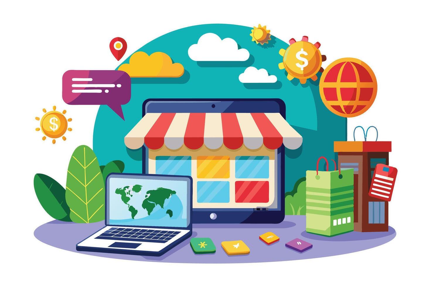 An illustration of a digital storefront with a laptop showing a world map, shopping icons, and payment symbols symbolizes global e-commerce and online business. vector