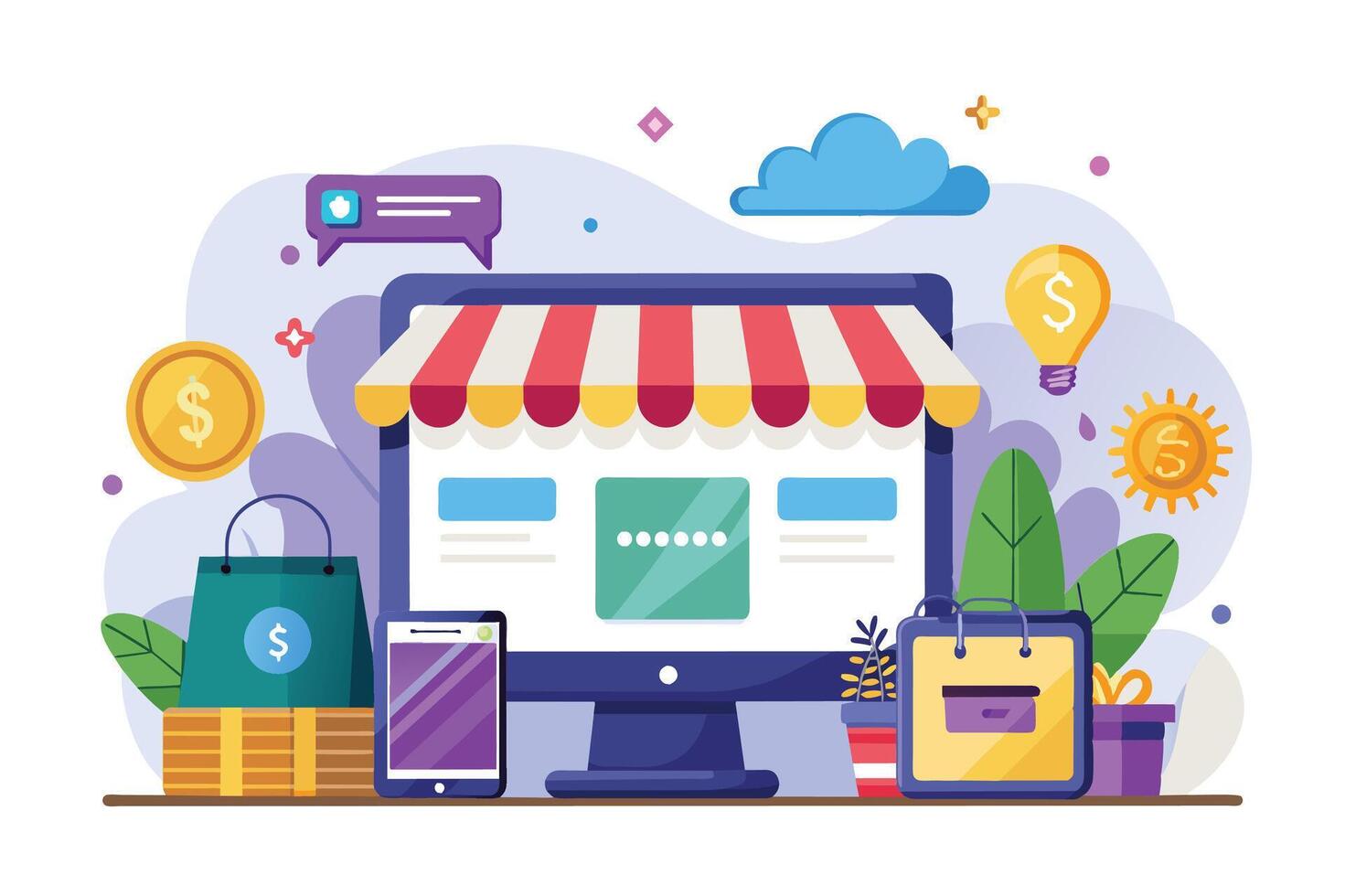 Illustration of an online store website with a red and white striped awning, shopping bags, and money symbols. vector