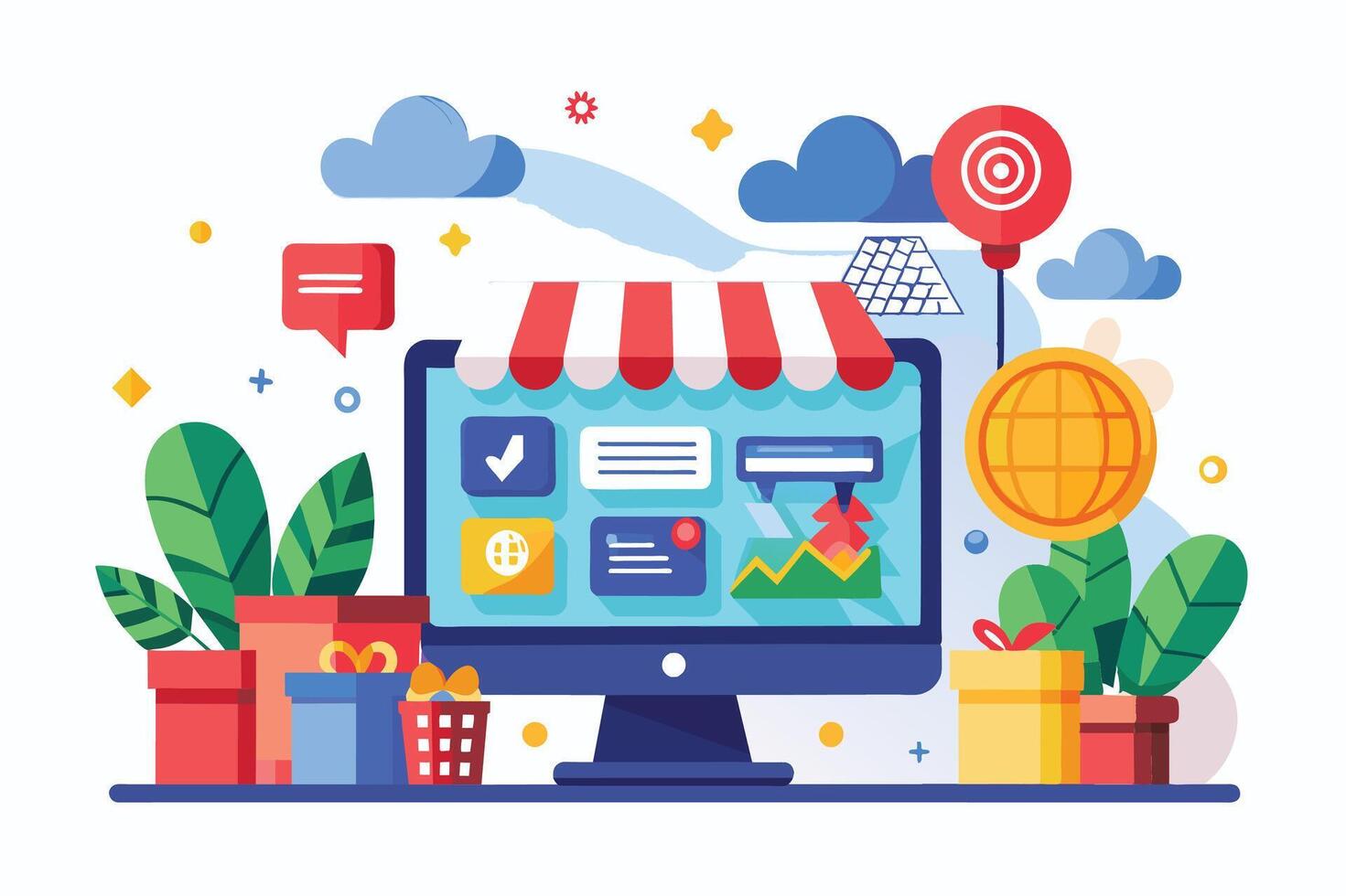 An online shop is depicted on a computer screen with a website showing products. An awning is above it with clouds, stars, a shopping basket, gifts, plants, and a globe. vector