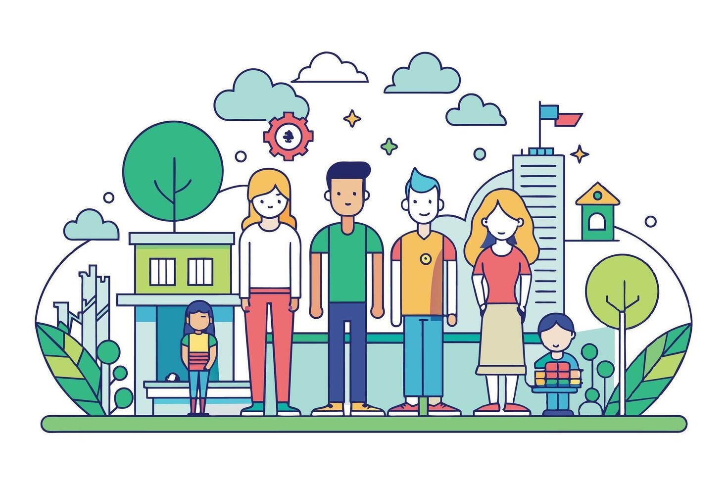 An illustration of a diverse group of people standing in front of buildings and trees. The group includes adults and children. vector