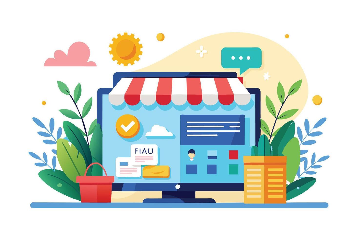 Illustration depicting an online storefront website design with a red awning, plants, and a shopping cart. vector