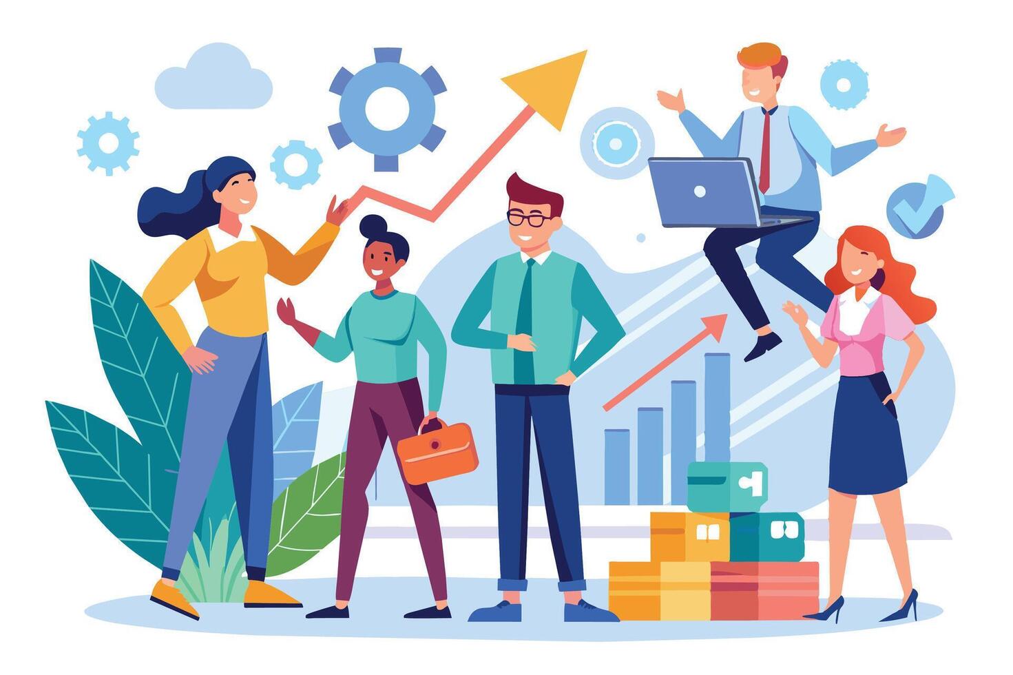 A diverse team of four people celebrates their business success. They are shown standing together in front of a graph indicating positive growth. vector