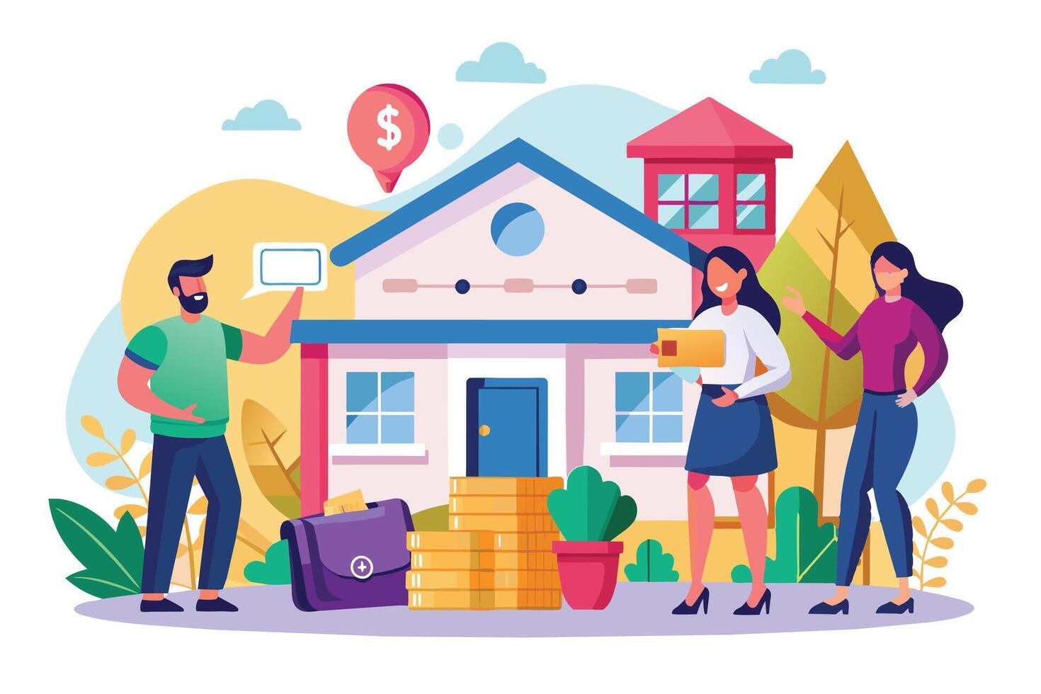 A man stands in front of a house, presenting it to two women. The women are looking at the house and seem excited. There is money and a briefcase near the man. vector