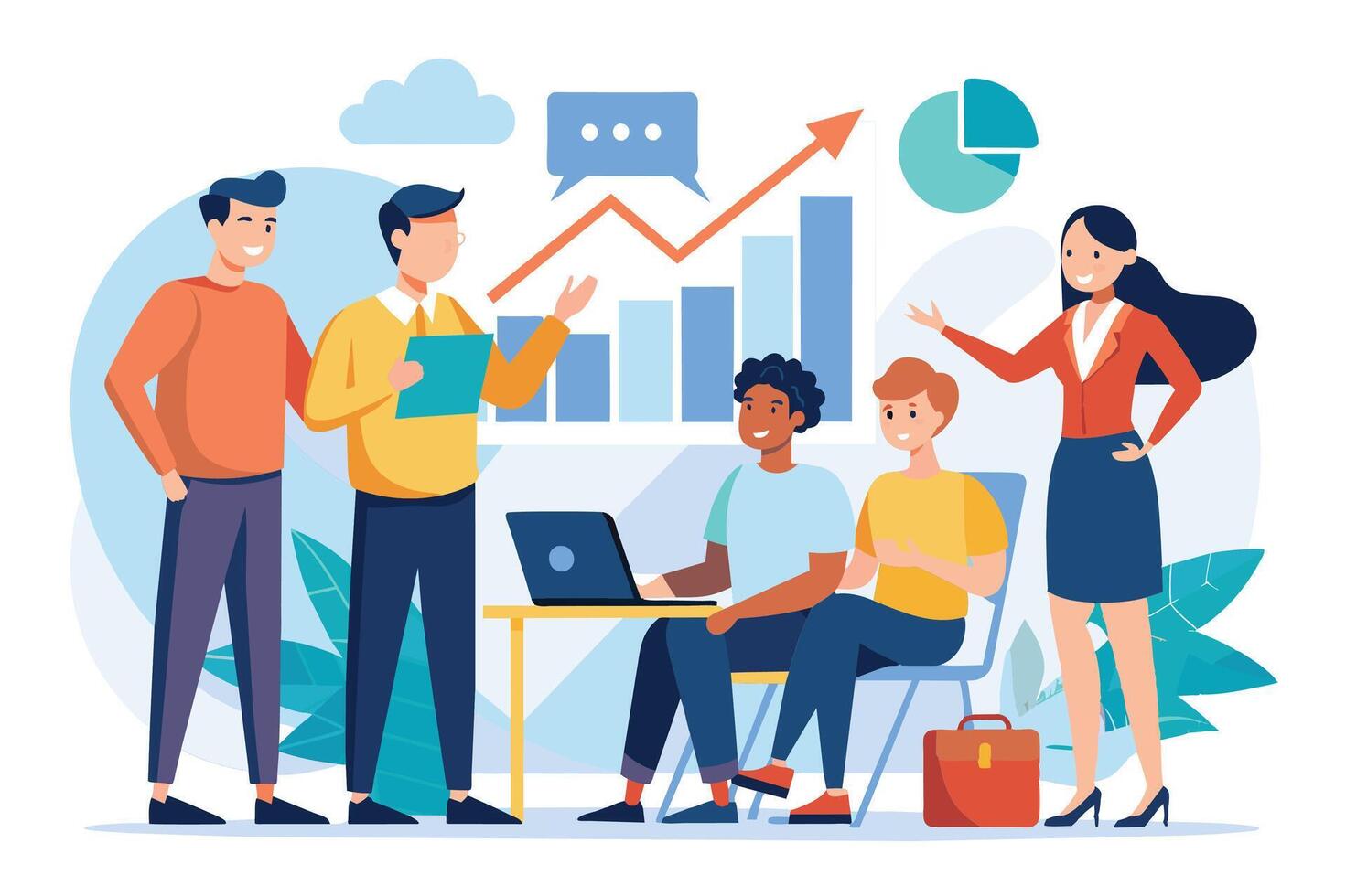 An illustration of a diverse business team having a meeting, discussing growth strategies, analyzing data charts, and using a laptop. vector