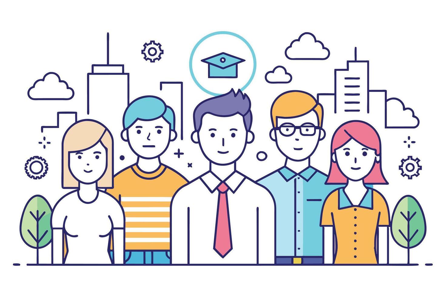 An illustration of a diverse group of professionals standing together in front of a city skyline with a graduation cap icon above them. vector