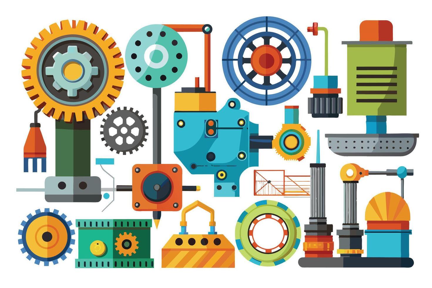 A colorful illustration showcasing various components of industrial machinery, including gears, pumps, and other mechanical parts, designed in a flat style. vector