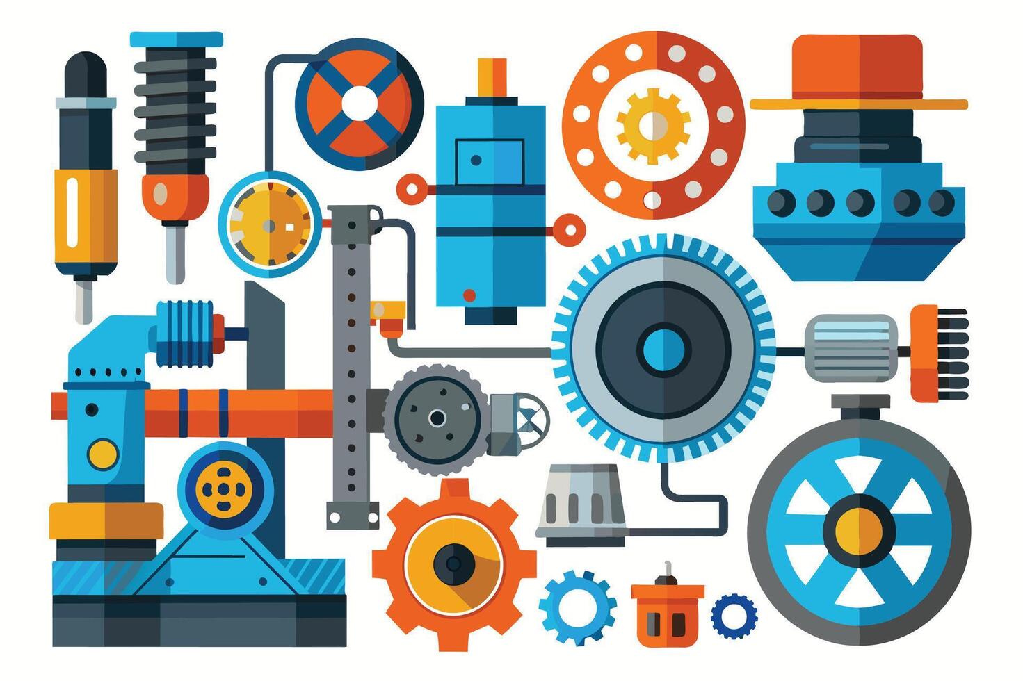 A flat illustration of various industrial machinery parts, including gears, wheels, motors, and other components. The design is colorful and playful, with a whimsical touch. vector