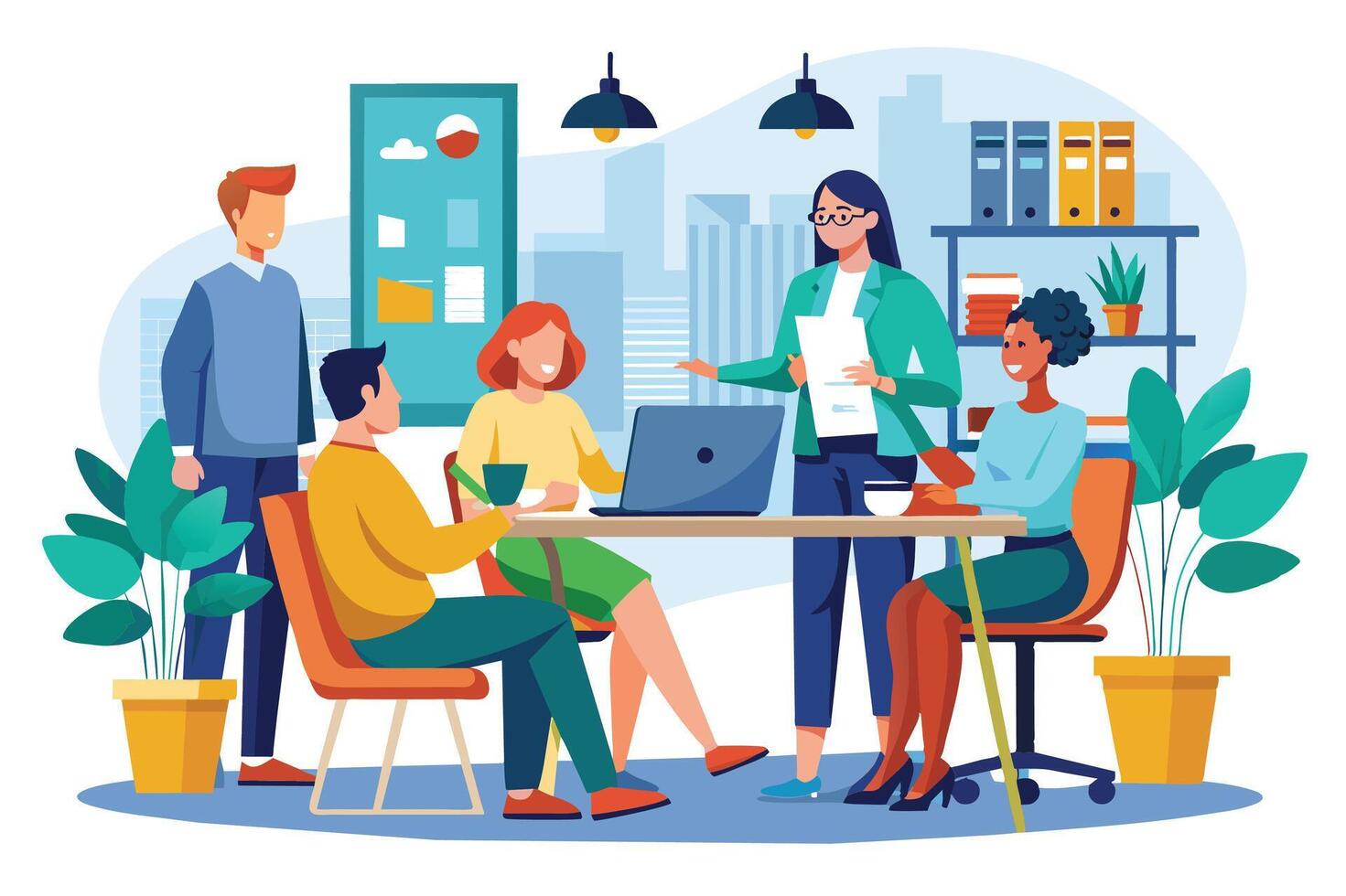 A group of diverse office colleagues gather around a table, working together on a laptop and discussing business strategy. vector