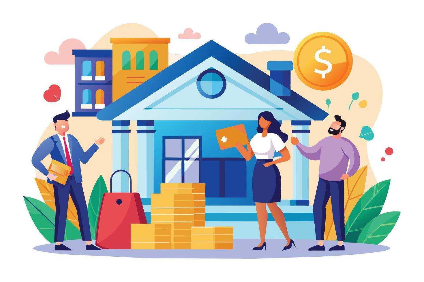 A real estate agent shows a house to a couple in an illustration, with gold coins and a shopping bag symbolizing financial success. Bright and cheerful scene. vector