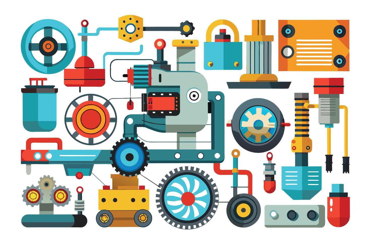 A flat design illustration of a complex machine with many interconnected parts, featuring wheels, gears, pipes, and other mechanical elements. vector
