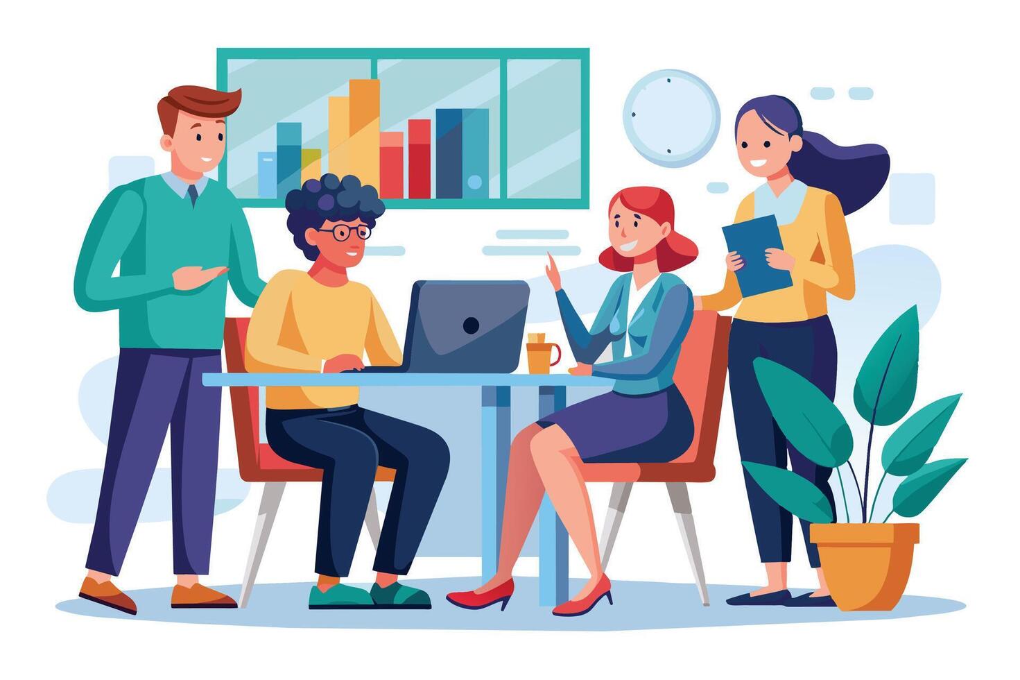A group of four colleagues collaborate during a business meeting. They discuss ideas and review data on a laptop. vector