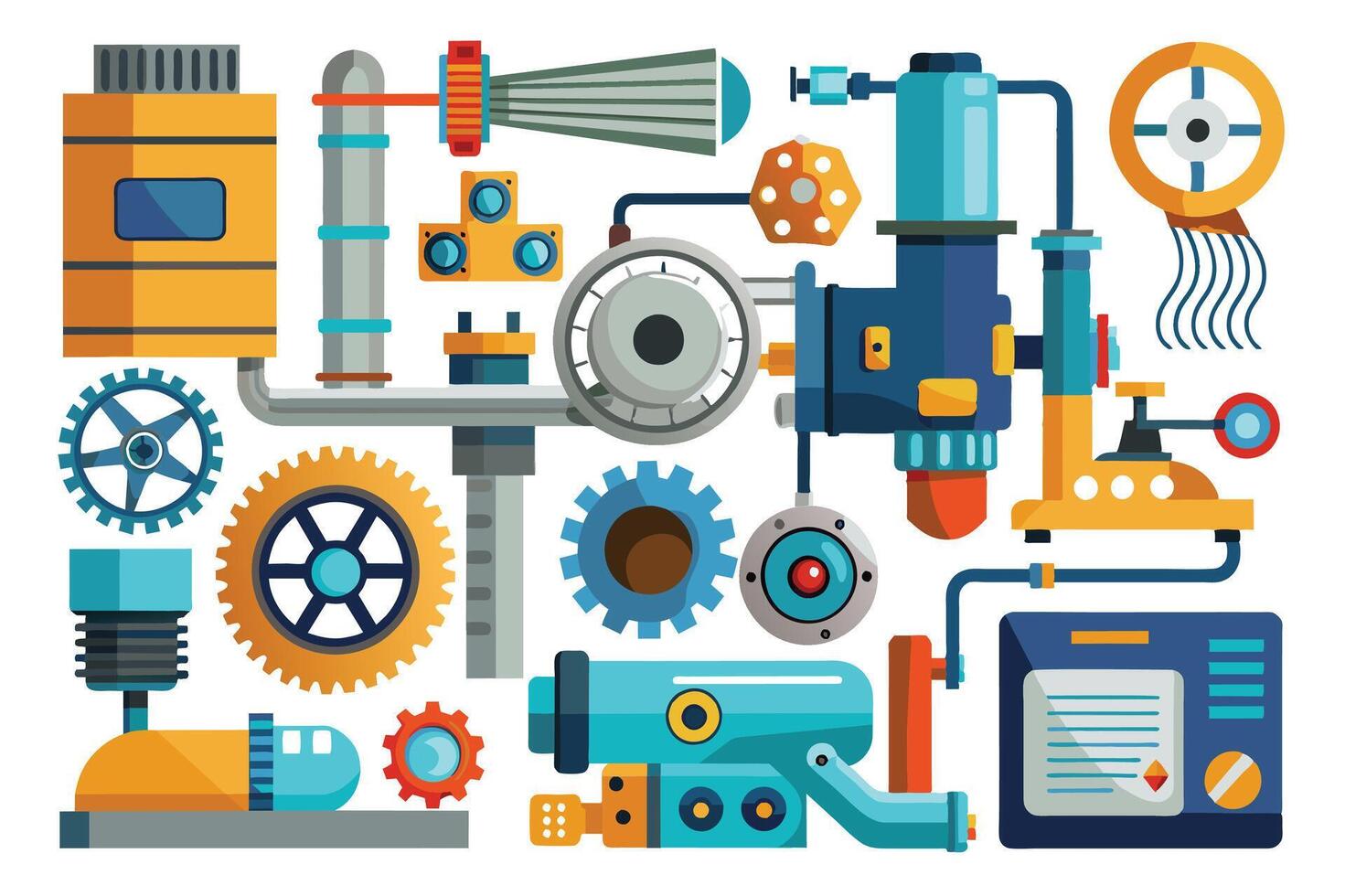 Colorful industrial machine with gears, pipes, and a control panel. Features a large central component with a gear system and control panel. vector