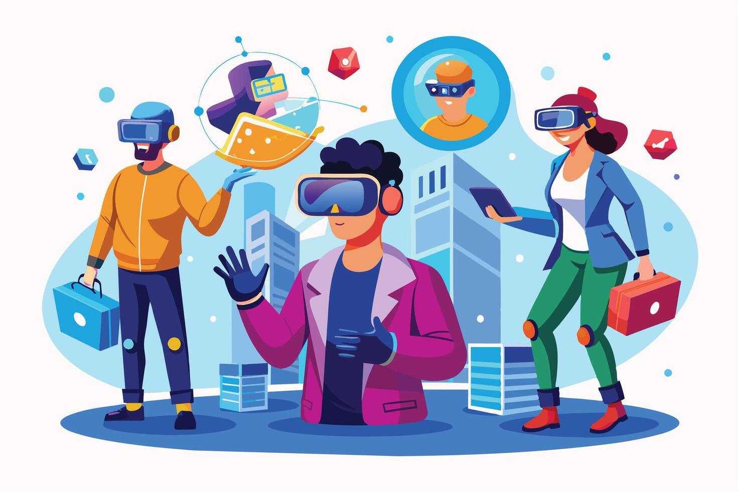 An illustration of three people in a futuristic city, all wearing VR headsets. The people are interacting with each other in the virtual space. vector