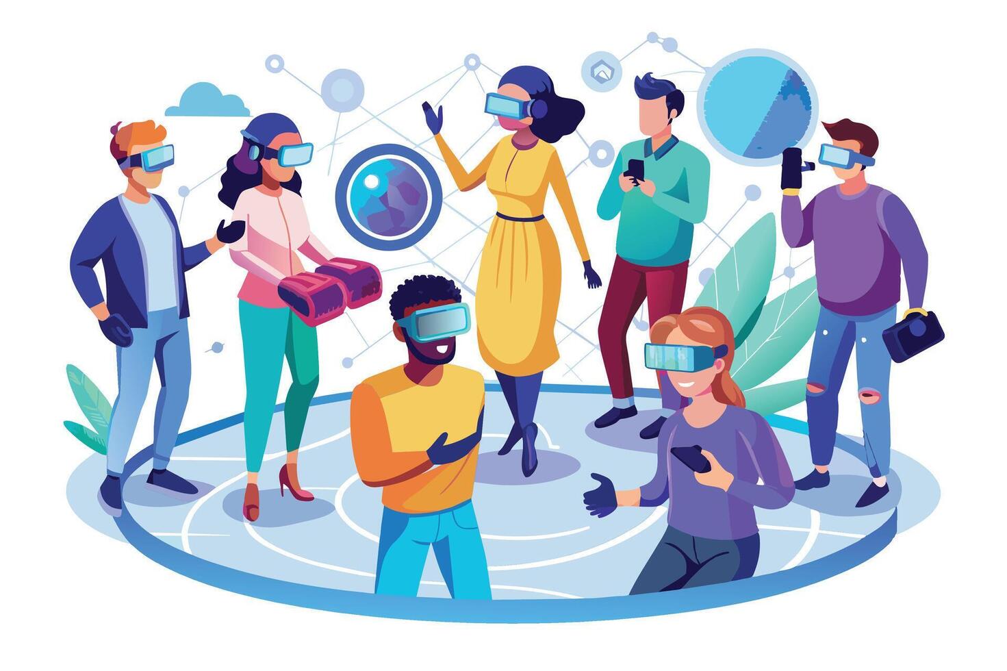 A group of people wearing virtual reality headsets interact and explore a digital world represented by geometric shapes and lines. vector