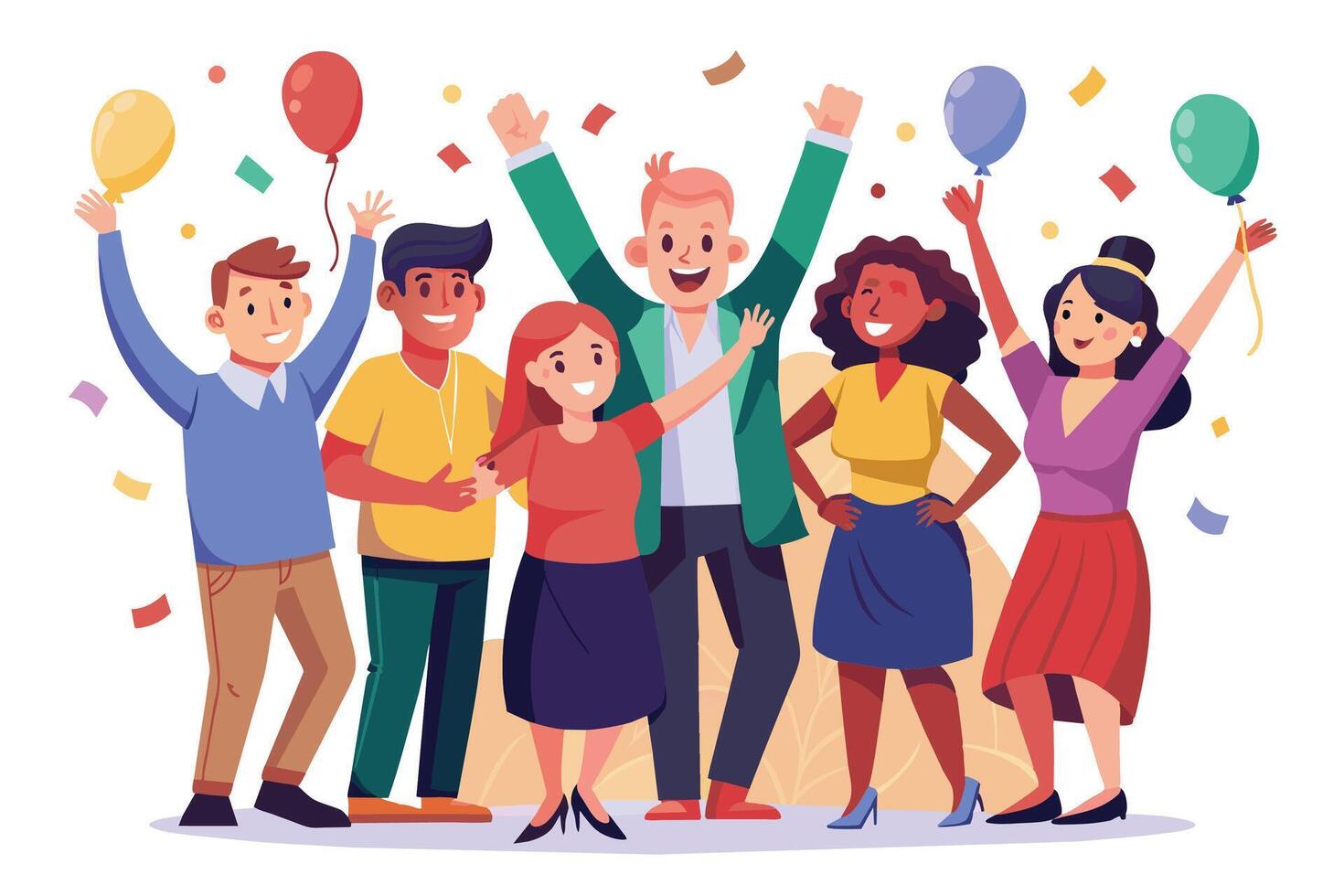 A group of six diverse friends celebrate with balloons, confetti, and big smiles. vector