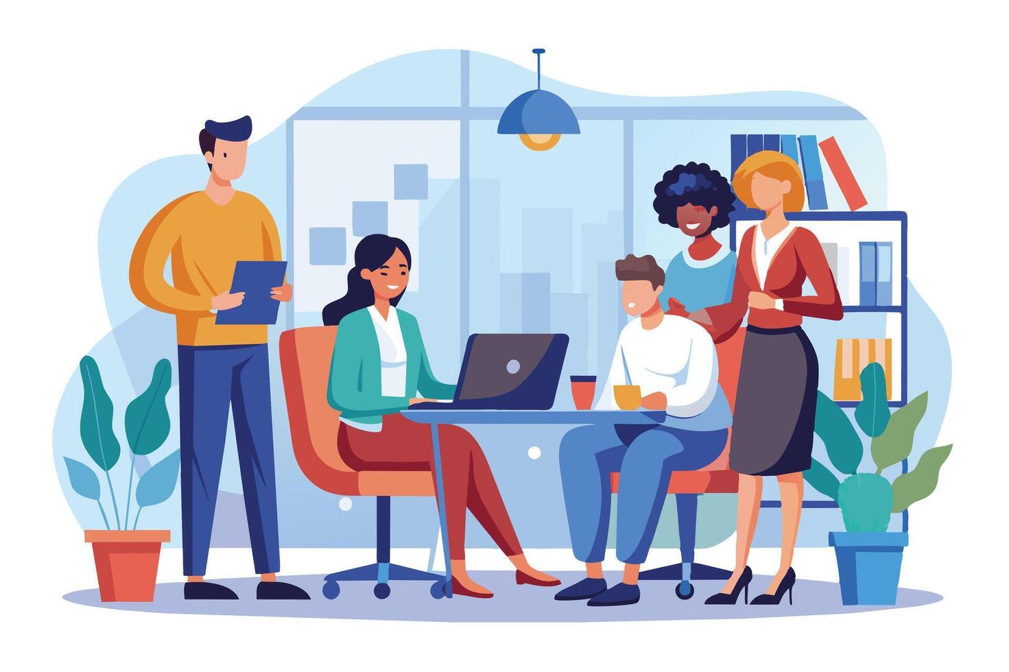 An illustration depicting a team of four diverse individuals working together in a modern office setting. vector