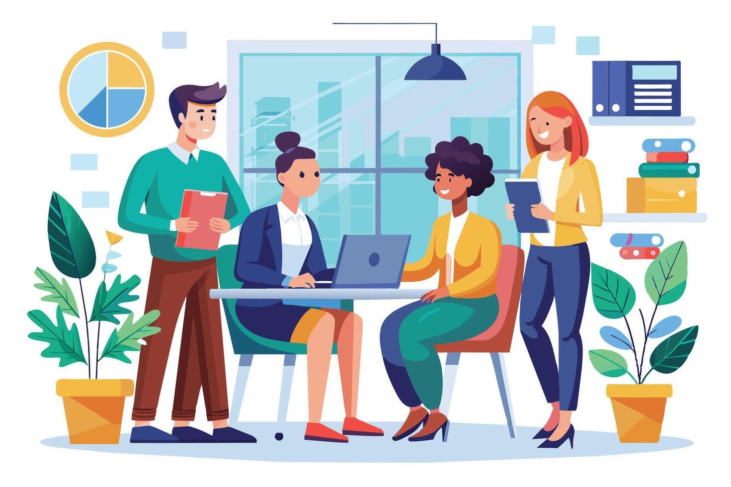 A diverse team of professionals collaborates in a modern office setting, discussing ideas and strategies. vector