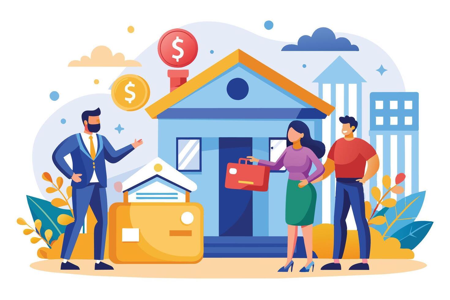 An illustration depicting a real estate agent in a blue suit showing a house to a young couple. vector
