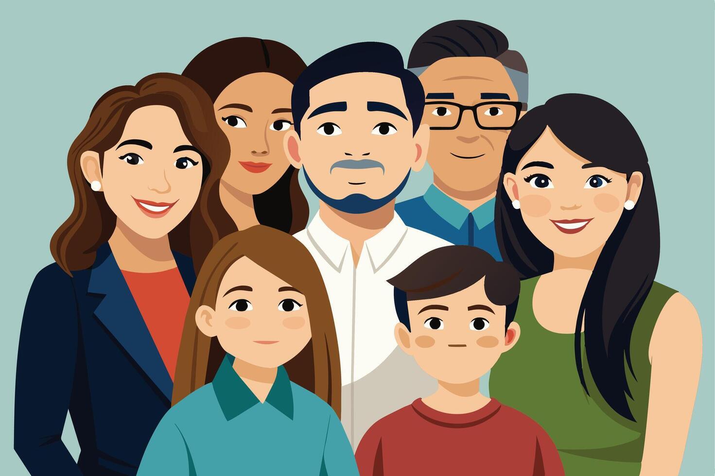 A cartoon illustration depicting a happy family with a diverse range of ages and ethnicities. They are all smiling and looking directly at the viewer. vector