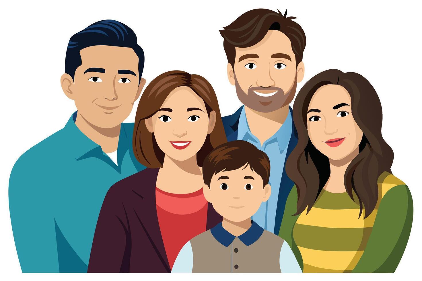 A digital illustration of a family, including a man, a woman, a boy, and a girl, smiling and looking at the camera. The family is depicted in a simple, cartoon-like style. vector
