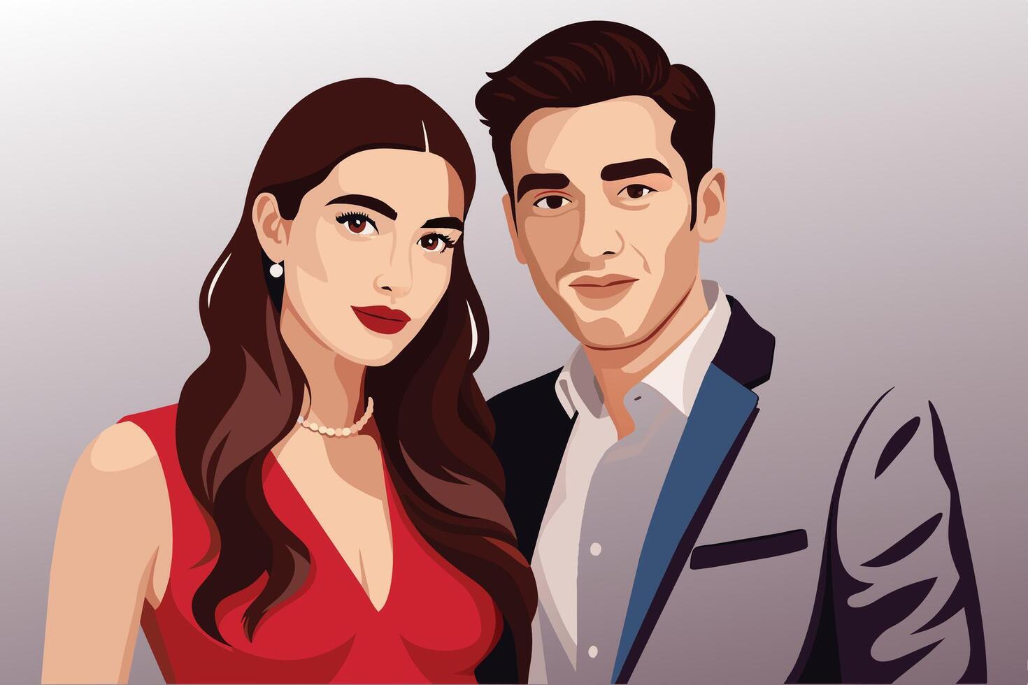 A digital illustration of a stylish couple in formal wear. The woman is wearing a red dress and the man is in a grey suit. vector