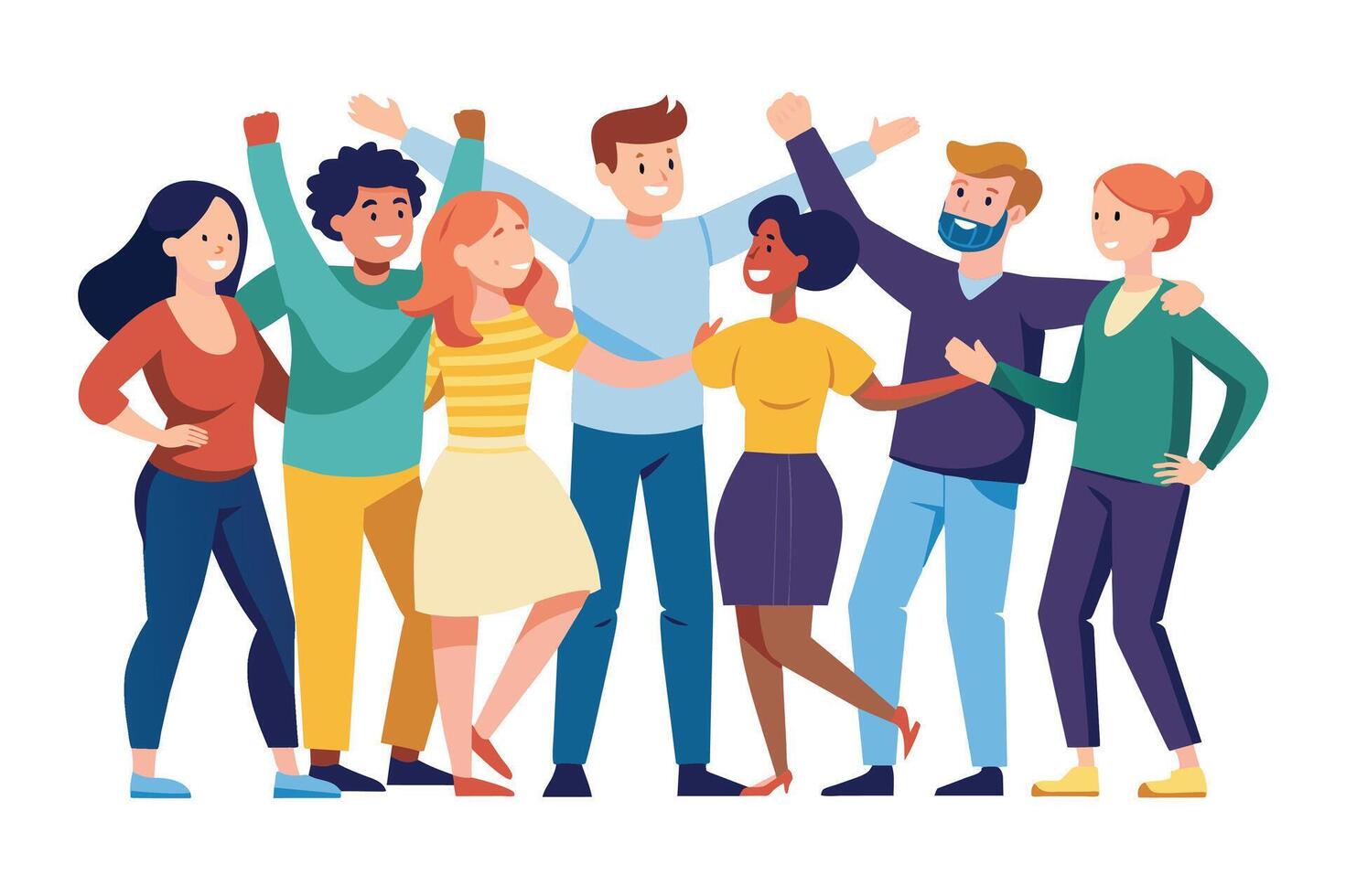 A group of seven diverse friends are smiling, hugging, and celebrating together. They all seem happy and excited to be together. vector