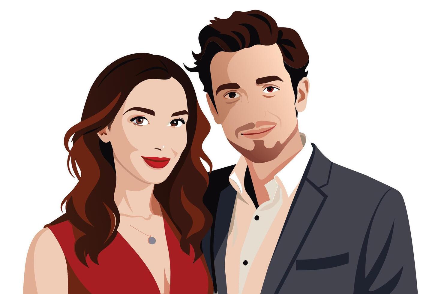 A digital illustration of a couple, a man and a woman, posed together in formal attire. The man is wearing a dark suit and white button-down shirt. The woman is wearing a red dress. vector