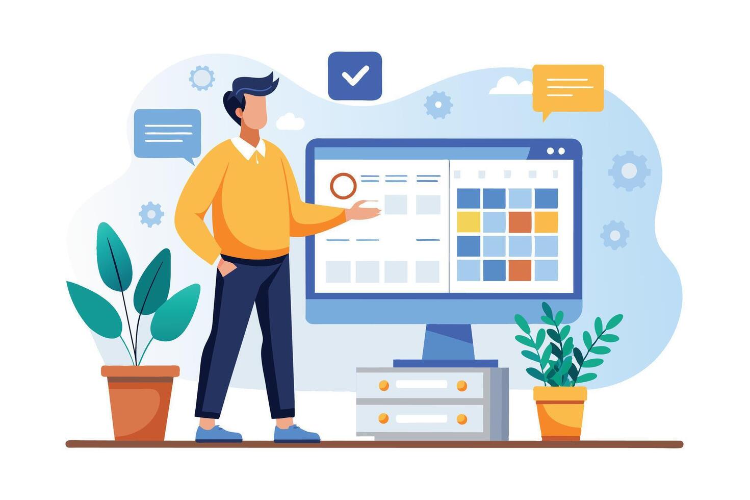 An illustration of a man standing in front of a computer monitor, presenting a data visualization and a calendar schedule. vector