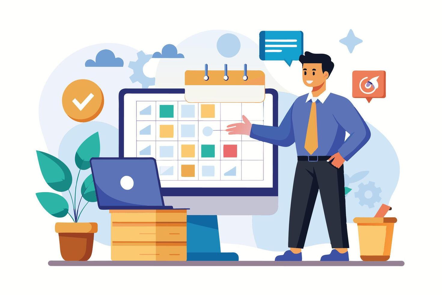 A businessman smiles and gestures at a computer screen, showing a colorful calendar full of tasks or appointments. vector