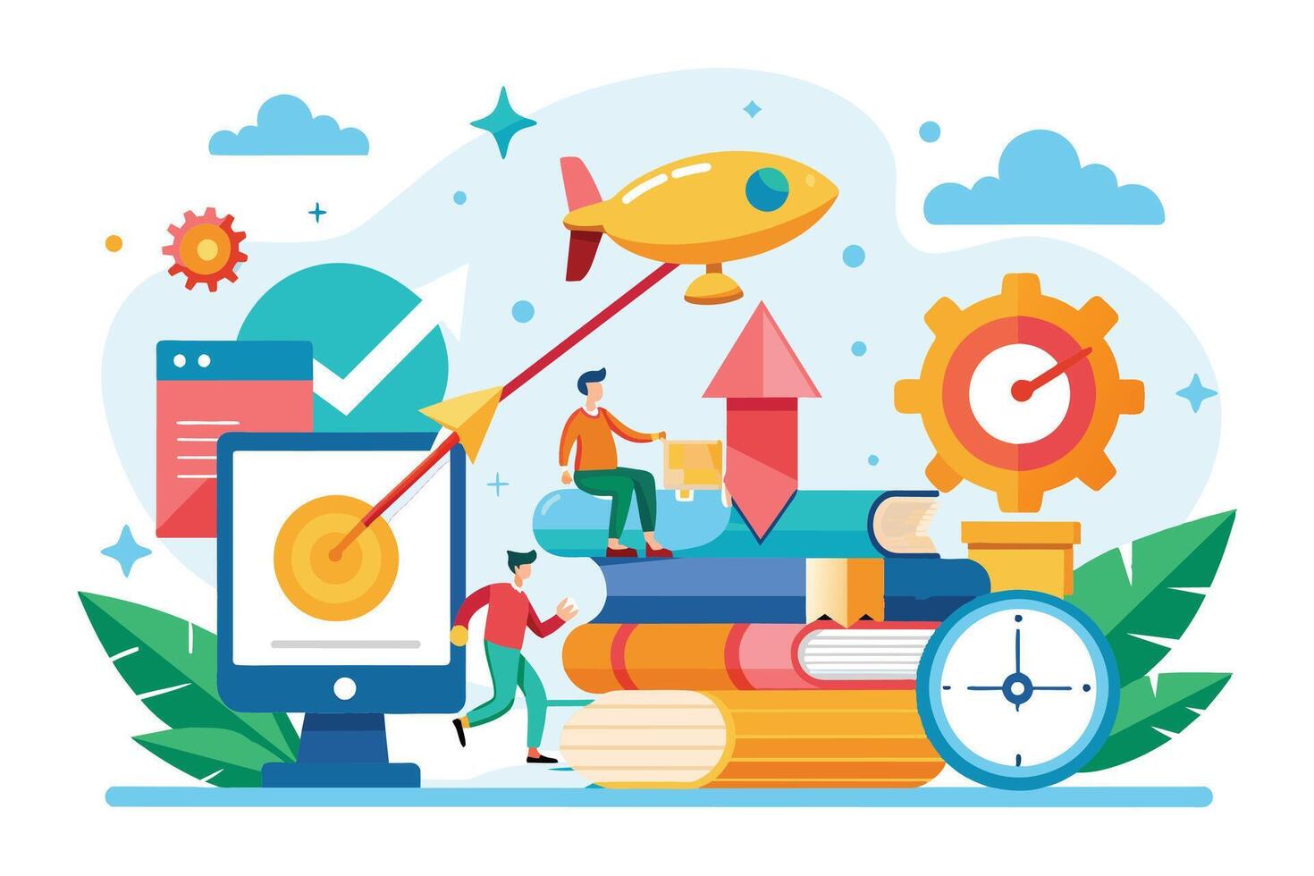 Illustration depicting business growth and success achieved through knowledge, innovation, and teamwork. vector
