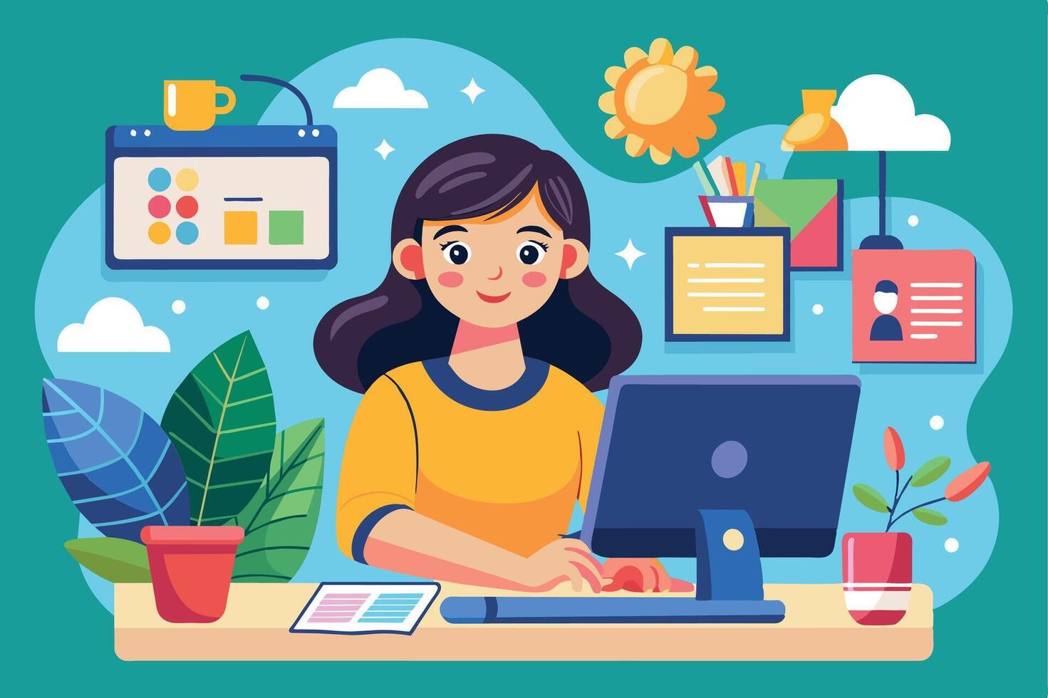 Illustration of a woman working on a computer at her desk in a home office. vector