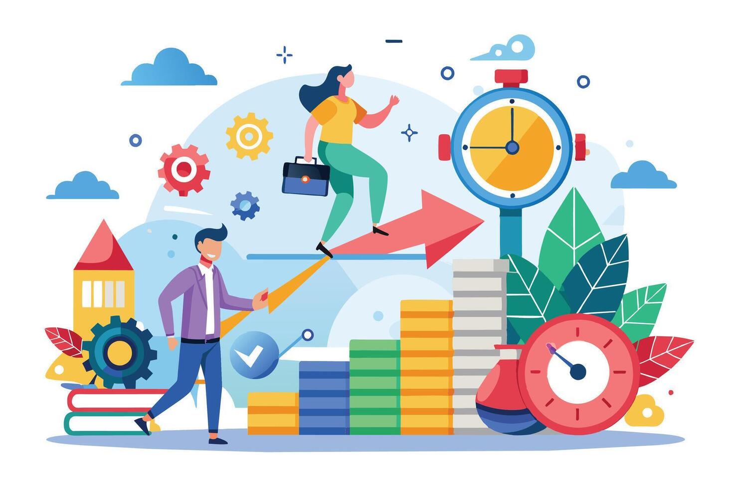 An illustration shows two professionals working together to achieve goals. One person walks on coins, while the other rides a red arrow toward a clock. vector