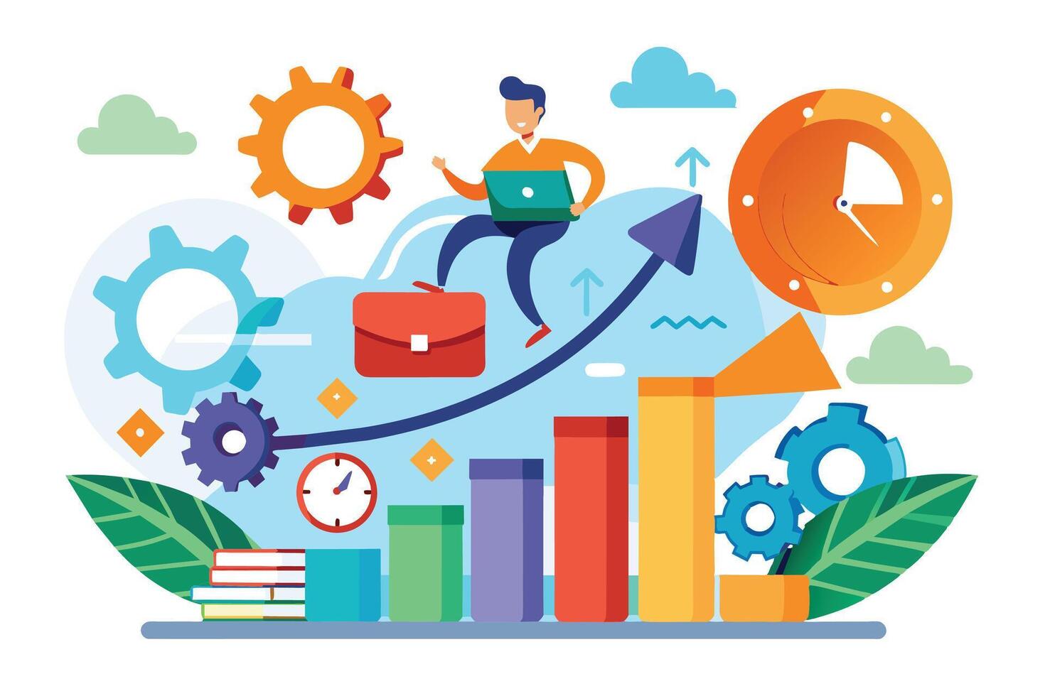 Illustration of a businessman on an upward arrow for growth and progress, surrounded by gears for efficiency and a time clock for time management. vector