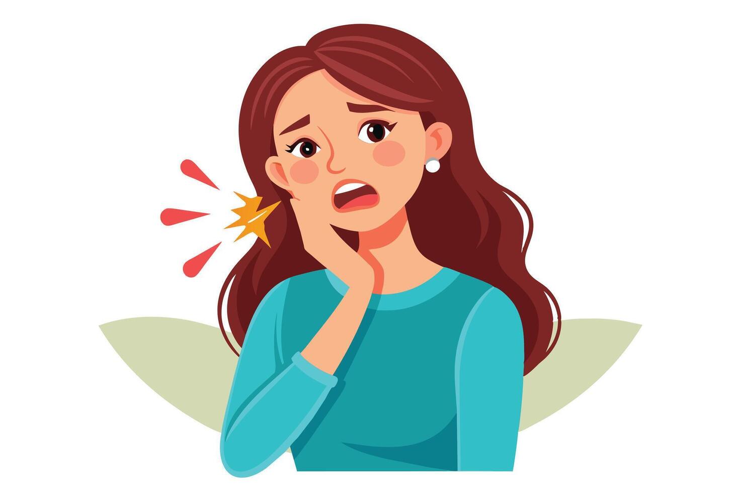 Cartoon of woman with long brown hair in pain from a toothache, holding jaw and grimacing. Yellow starburst shows pain. vector