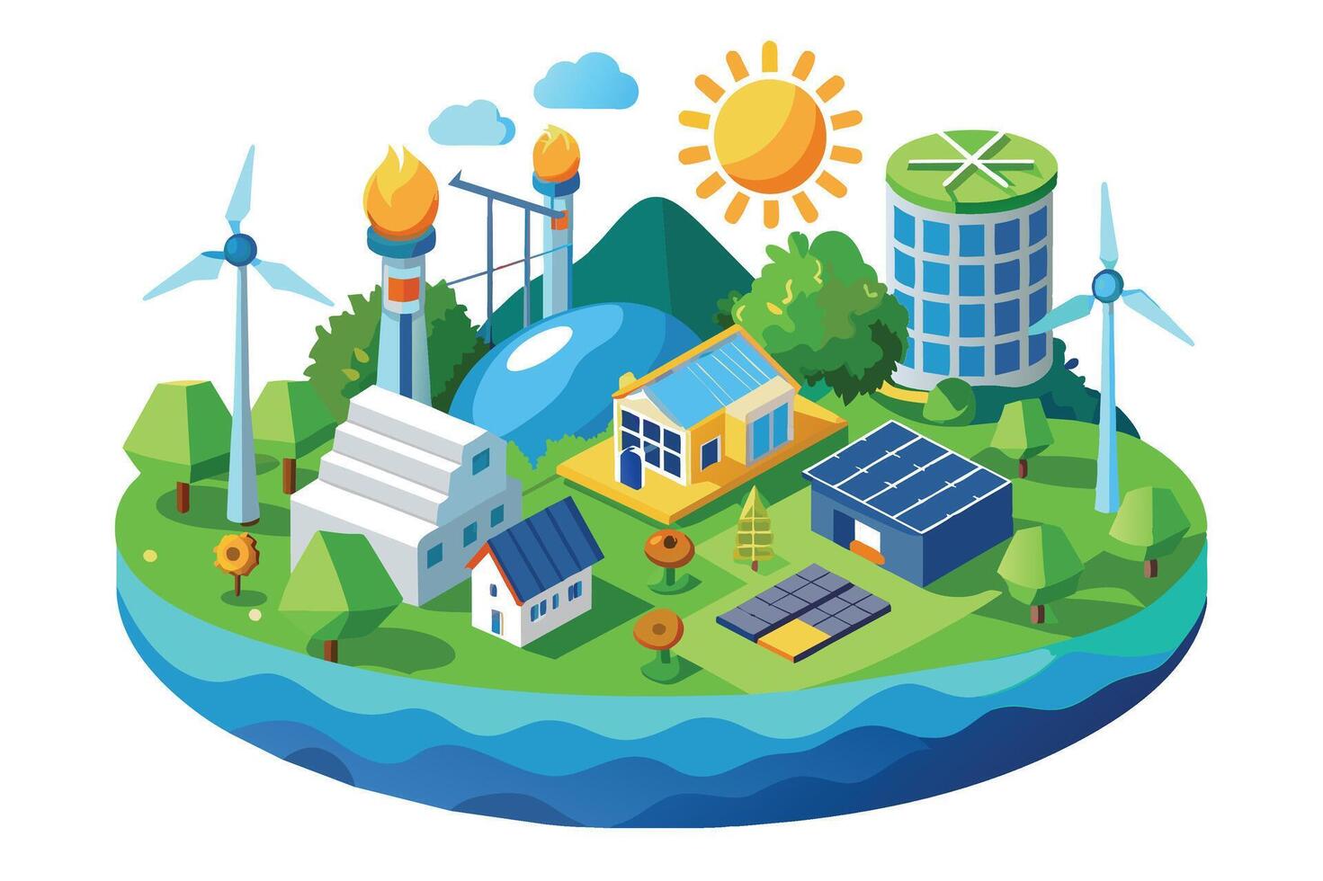An illustration of a sustainable city with wind turbines, solar panels, and green buildings. The city is surrounded by trees and water, and the sun is shining brightly in the sky. vector