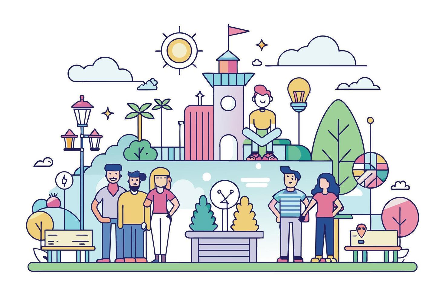 An illustration of six people standing in a park on a sunny day. The park includes trees, light posts, benches, and a building in the background. vector