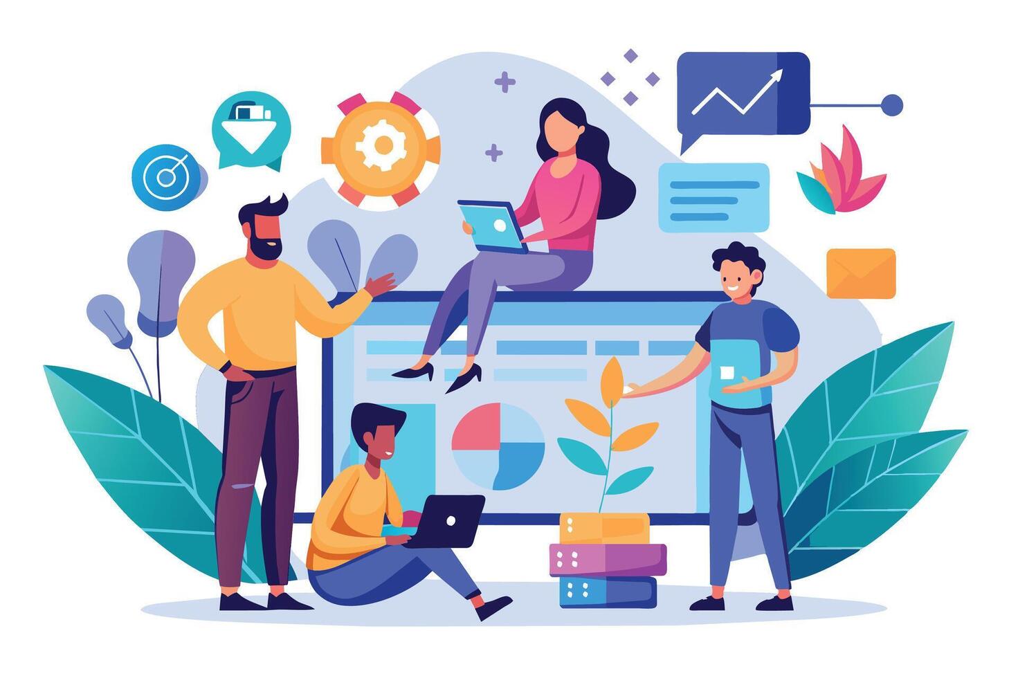 A diverse team of professionals collaborates on a digital project using data analytics and growth charts. The image depicts teamwork, progress, and technology. vector