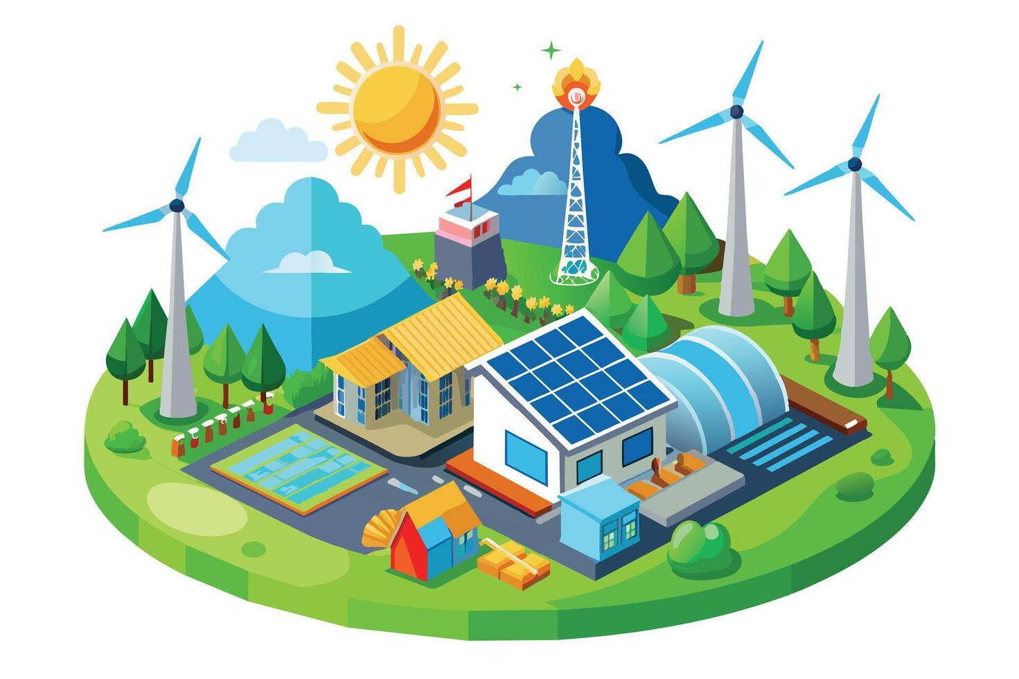 A cartoon illustration of a sustainable community with a focus on renewable energy, including solar panels, wind turbines, and a large, green field. vector