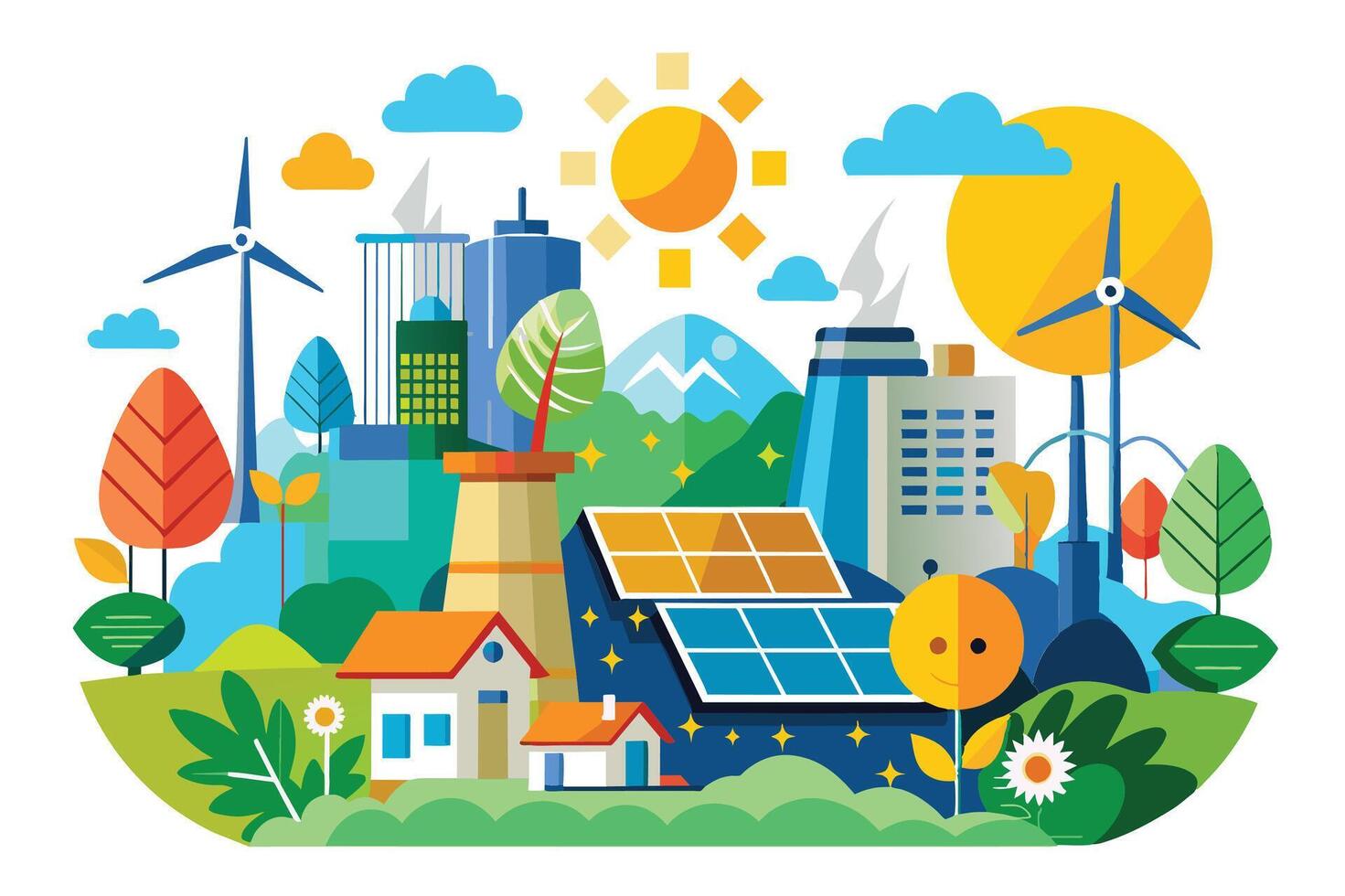 A colorful illustration depicting a cityscape with solar panels, wind turbines, and other renewable energy sources, emphasizing a commitment to a sustainable future. vector