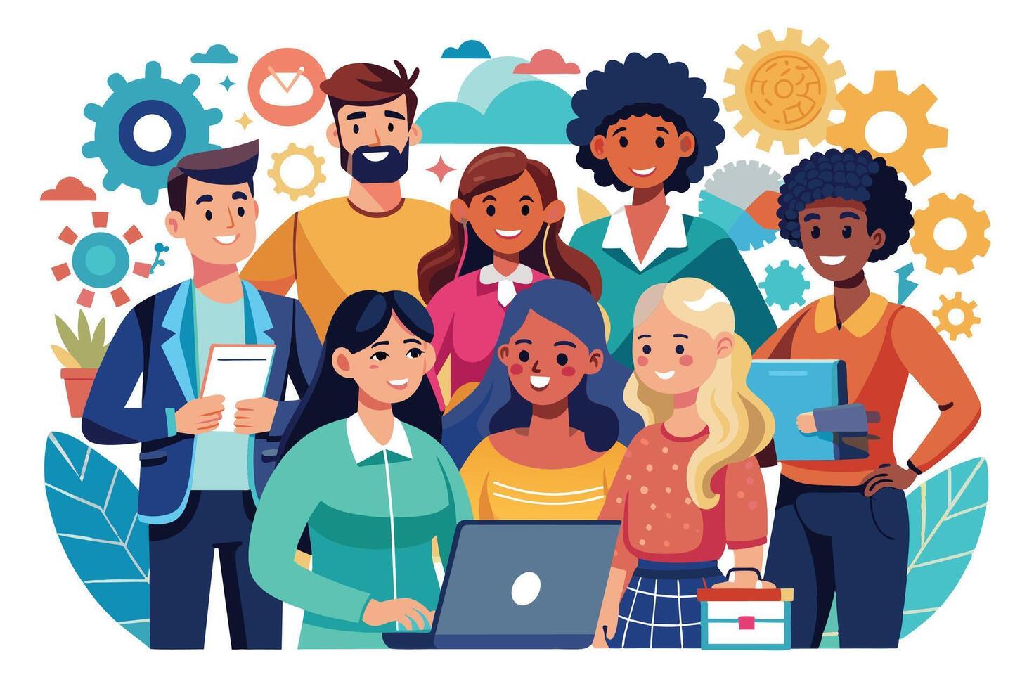 A diverse group of smiling people are working together on a laptop in a modern office setting. vector